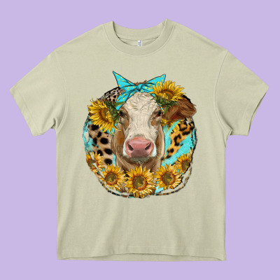 Simmental Heifer With Sunflowers And Leopard Heavy Core Tee Designed By Lillyallendesigns