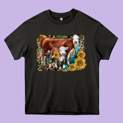 Hereford Cow And Hereford Calf With Leopard Heavy Core Tee Designed By Lillyallendesigns