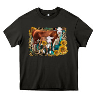 Asphalt Hereford Cow and Hereford Calf With Leopard Heavy Core Tee - LillyAllenDesigns