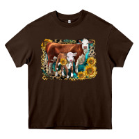 Chocolate Brown Hereford Cow and Hereford Calf With Leopard Heavy Core Tee - LillyAllenDesigns