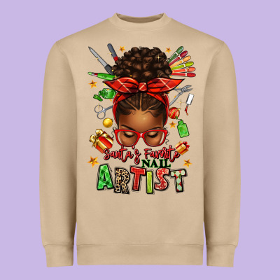 Santa's Favorite Nail Artist Afro Messy Bun Heavyweight Sweatshirt Designed By Texasbilliewilder