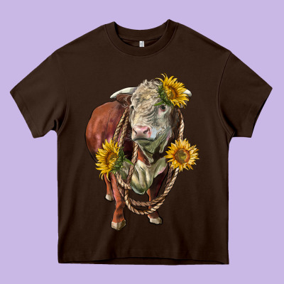 Hereford Bull Rope And Sunflowers Heavy Core Tee Designed By Lillyallendesigns
