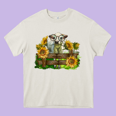 Charolais Heifer With Sunflowers Heavy Core Tee Designed By Lillyallendesigns