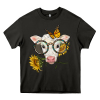Asphalt charolais calf with sunflowers and butterfly Heavy Core Tee - LillyAllenDesigns