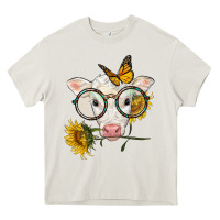 Cream charolais calf with sunflowers and butterfly Heavy Core Tee - LillyAllenDesigns