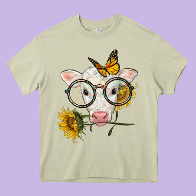 Charolais Calf With Sunflowers And Butterfly Heavy Core Tee Designed By Lillyallendesigns