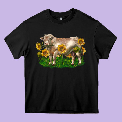 Charolais Bull With Sunflowers Heavy Core Tee Designed By Lillyallendesigns
