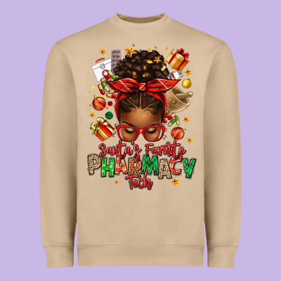 Santas Favorite Pharmacy Tech Afro Messy Bun Heavyweight Sweatshirt Designed By Texasbilliewilder