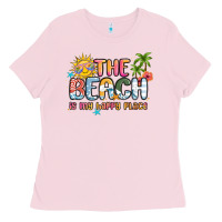 Bubblegum Pink the beach is my happy place Ladies Tee - MaliasSmallBusiness