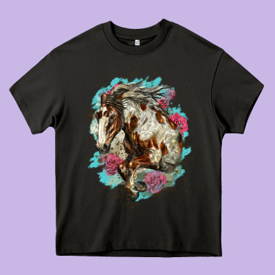 Mustang Horse With Floral Background Heavy Core Tee Designed By Lillyallendesigns