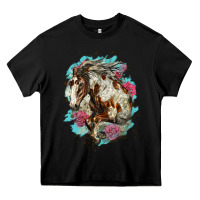 Black mustang horse with floral background Heavy Core Tee - LillyAllenDesigns