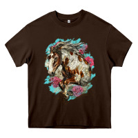 Chocolate Brown mustang horse with floral background Heavy Core Tee - LillyAllenDesigns