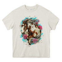 Cream mustang horse with floral background Heavy Core Tee - LillyAllenDesigns