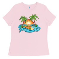 Bubblegum Pink sunset beach scene Ladies Tee - MaliasSmallBusiness