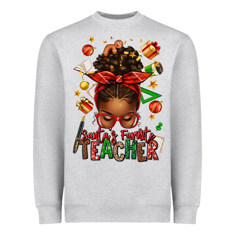 Santa's Favorite Teacher Afro Messy Bun Heavyweight Sweatshirt by texasbilliewilder | Teevron