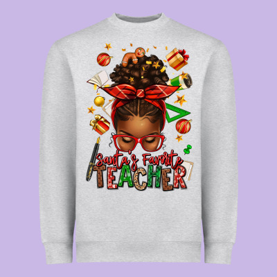 Santa's Favorite Teacher Afro Messy Bun Heavyweight Sweatshirt Designed By Texasbilliewilder