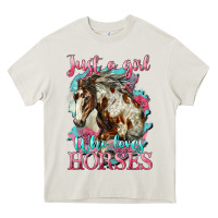 Cream just a girl who loves horses mustang Heavy Core Tee - LillyAllenDesigns