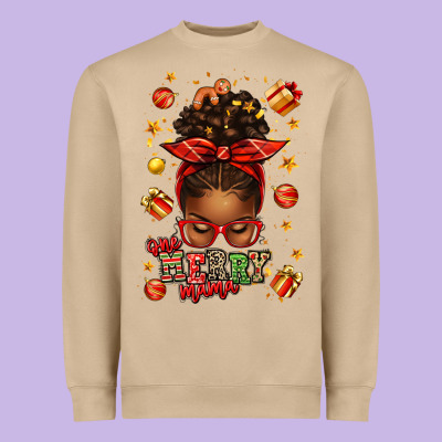 One Merry Mama Christmas Afro Messy Bun Heavyweight Sweatshirt Designed By Texasbilliewilder