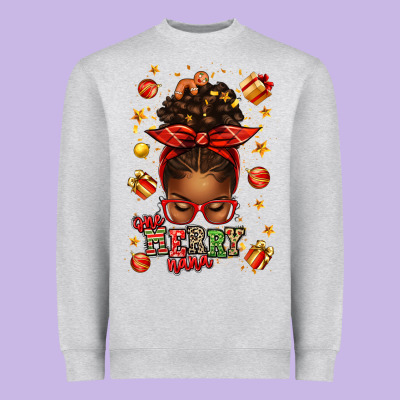 One Merry Nana Christmas Afro Messy Bun Heavyweight Sweatshirt Designed By Texasbilliewilder