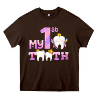 Chocolate Brown my first tooth with teeth for girls Heavy Core Tee - AdoDesignShop