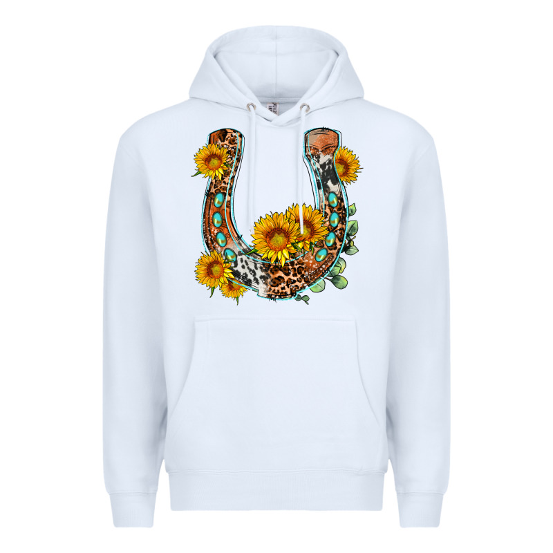 Western Leopard Cowhide Sunflowers Horseshoe Premium Hoodie by OliviaCreatesArt | Teevron