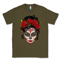 Army Green mexican sugar skull messy bun woman Classic Tee - LillyAllenDesigns