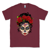 Burgundy mexican sugar skull messy bun woman Classic Tee - LillyAllenDesigns