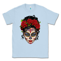 Dusty Blue mexican sugar skull messy bun woman Classic Tee - LillyAllenDesigns
