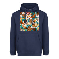 Navy bakery coffee cups cookie and donut with turquoise glitter seamless pa Heavyweight Hoodie - BundleAndBundleShop