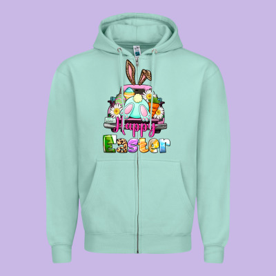 Bunny Happy Easter Truck Zipper Hoodie Designed By Cowgirlartshop