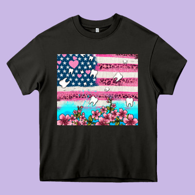 American Flag And Teeth With Flowers Heavy Core Tee Designed By Adodesignshop