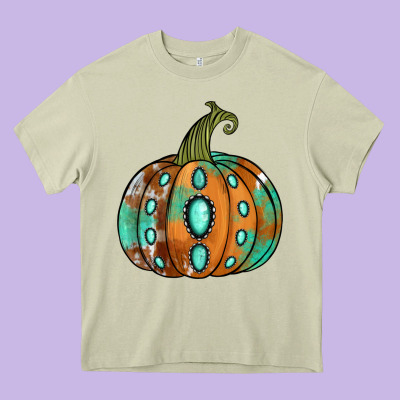 Western Cowhide Turquoise Pumpkin Heavy Core Tee Designed By Jasminsmagicworld