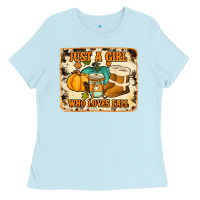 Baby Blue just a girl who loves fall cowhide background Ladies Tee - Jasminsmagicworld