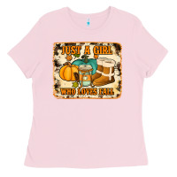 Bubblegum Pink just a girl who loves fall cowhide background Ladies Tee - Jasminsmagicworld