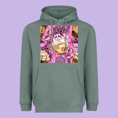 Cat Coffee Cups And Paw With Leopard And Glitter Seamless Pattern Bbs Heavyweight Hoodie Designed By Bundleandbundleshop