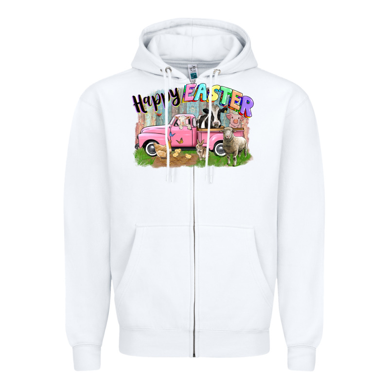 Happy Easter Truck With Farm Animals Easter Day Zipper Hoodie by CowGirlArtShop | Teevron