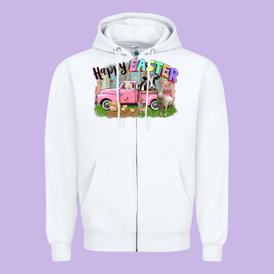 Happy Easter Truck With Farm Animals Easter Day Zipper Hoodie Designed By Cowgirlartshop