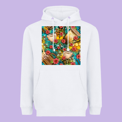 Honey And Bee Coffee Cup With Flowers And Leopard Seamless Pattern Bbs Heavyweight Hoodie Designed By Bundleandbundleshop
