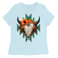 Baby Blue Aztec Turquoise Bull Skull Ladies Tee - Jasminsmagicworld