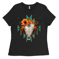 Black Aztec Turquoise Bull Skull Ladies Tee - Jasminsmagicworld