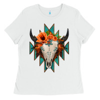 White Aztec Turquoise Bull Skull Ladies Tee - Jasminsmagicworld