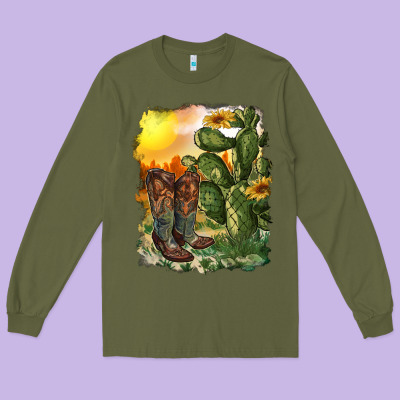 Western Boots With Cactus And Desert Long Sleeve Tee Designed By Ranaportraitstore