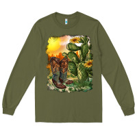 Army Green western boots with cactus and desert Long Sleeve Tee - RanaPortraitStore