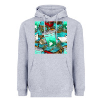 Heather Grey fish coffee cups and reeds with paper boat and leopard lake seamless p Heavyweight Hoodie - BundleAndBundleShop