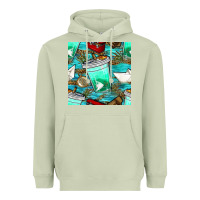 Matcha fish coffee cups and reeds with paper boat and leopard lake seamless p Heavyweight Hoodie - BundleAndBundleShop