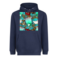Navy fish coffee cups and reeds with paper boat and leopard lake seamless p Heavyweight Hoodie - BundleAndBundleShop