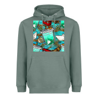 Sage fish coffee cups and reeds with paper boat and leopard lake seamless p Heavyweight Hoodie - BundleAndBundleShop