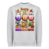Heather Grey Happy Hallothanksmas wine glasses and gnomes Heavyweight Sweatshirt - texasbilliewilder