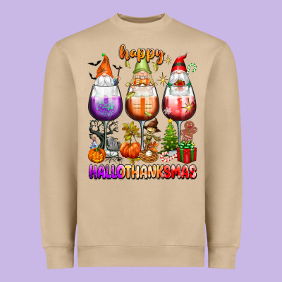 Happy Hallothanksmas Wine Glasses And Gnomes Heavyweight Sweatshirt Designed By Texasbilliewilder
