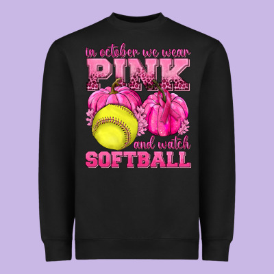 In October We Wear Pink And Watch Softball Heavyweight Sweatshirt Designed By Texasbilliewilder
